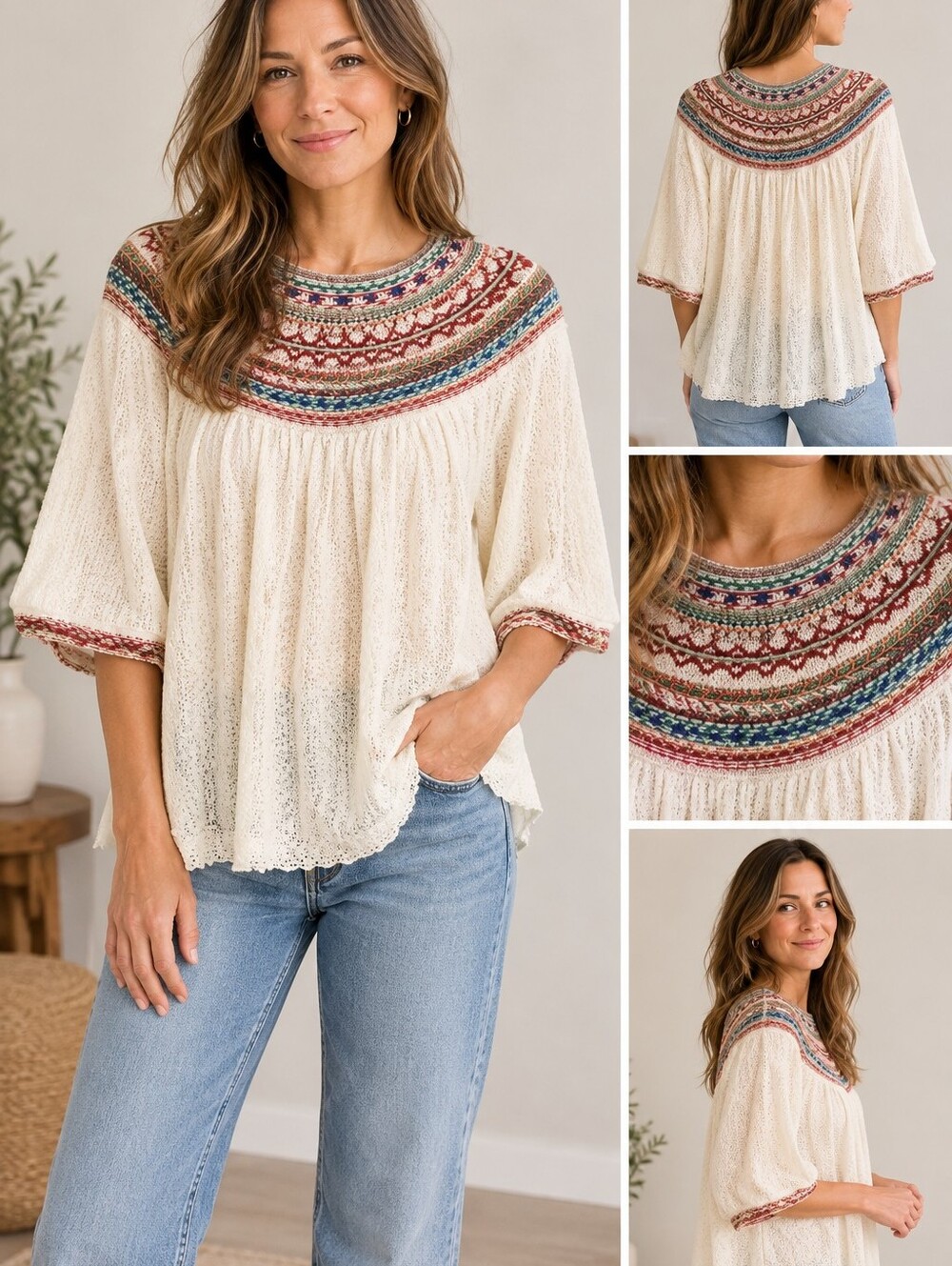 Free People Cream Multicolor Crochet Yoke Boho Tunic Top 3/4 Sleeve - Size S-M